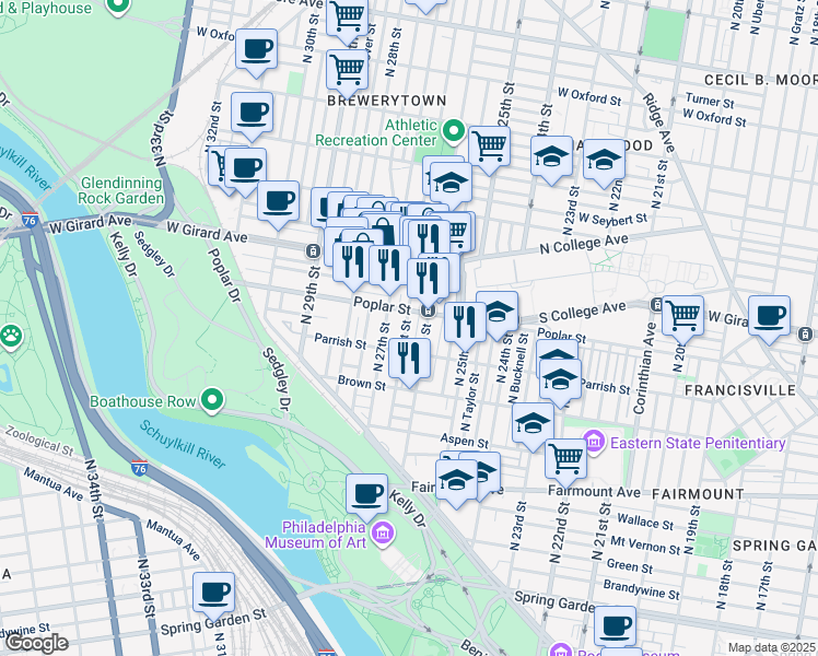 map of restaurants, bars, coffee shops, grocery stores, and more near 875 North Taney Street in Philadelphia