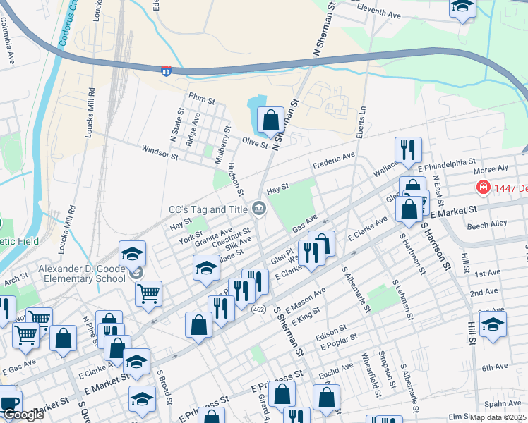 map of restaurants, bars, coffee shops, grocery stores, and more near 263 North Sherman Street Ext in York