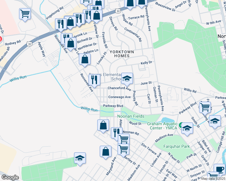 map of restaurants, bars, coffee shops, grocery stores, and more near 786 Pacific Avenue in York