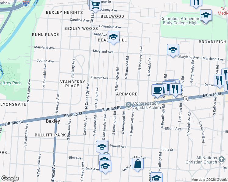 map of restaurants, bars, coffee shops, grocery stores, and more near 83 North Remington Road in Columbus