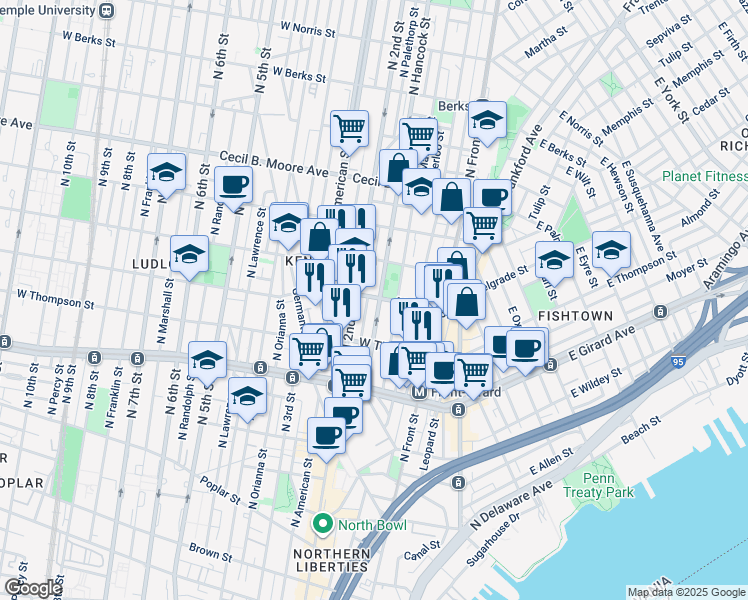 map of restaurants, bars, coffee shops, grocery stores, and more near 174 Master Street in Philadelphia
