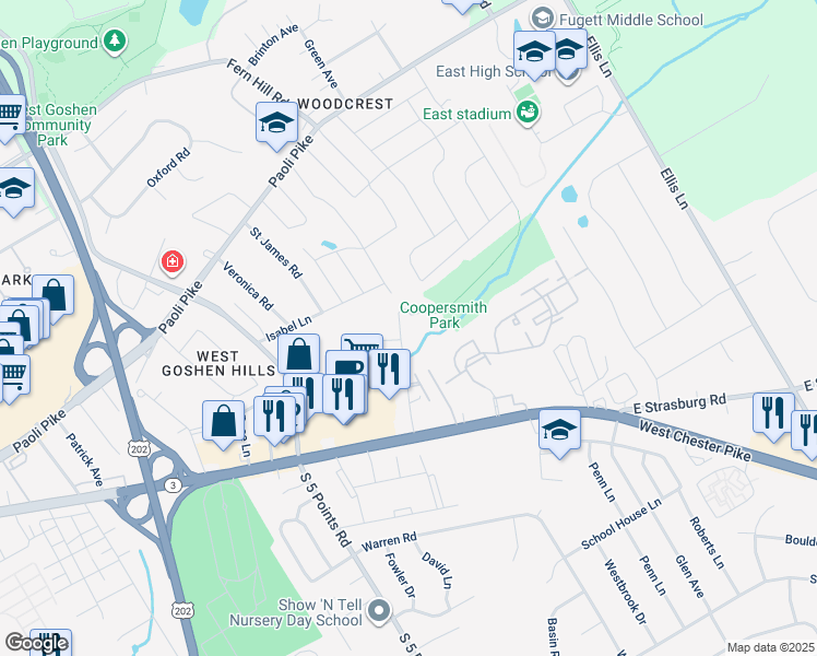 map of restaurants, bars, coffee shops, grocery stores, and more near 210 Spring Lane in West Chester