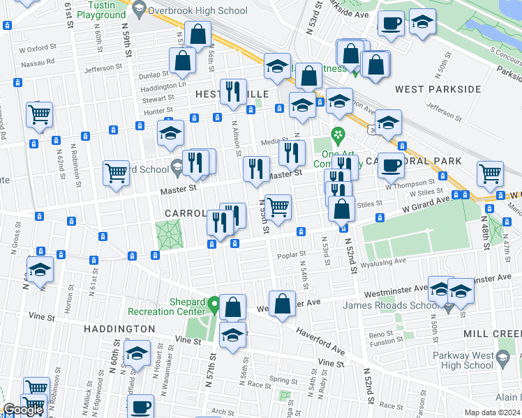 map of restaurants, bars, coffee shops, grocery stores, and more near 5500 West Thompson Street in Philadelphia