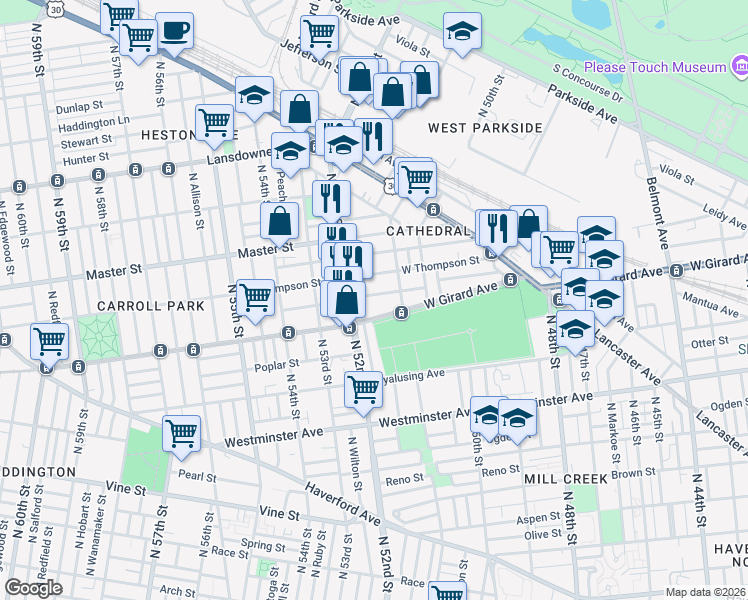 map of restaurants, bars, coffee shops, grocery stores, and more near 5140 West Stiles Street in Philadelphia
