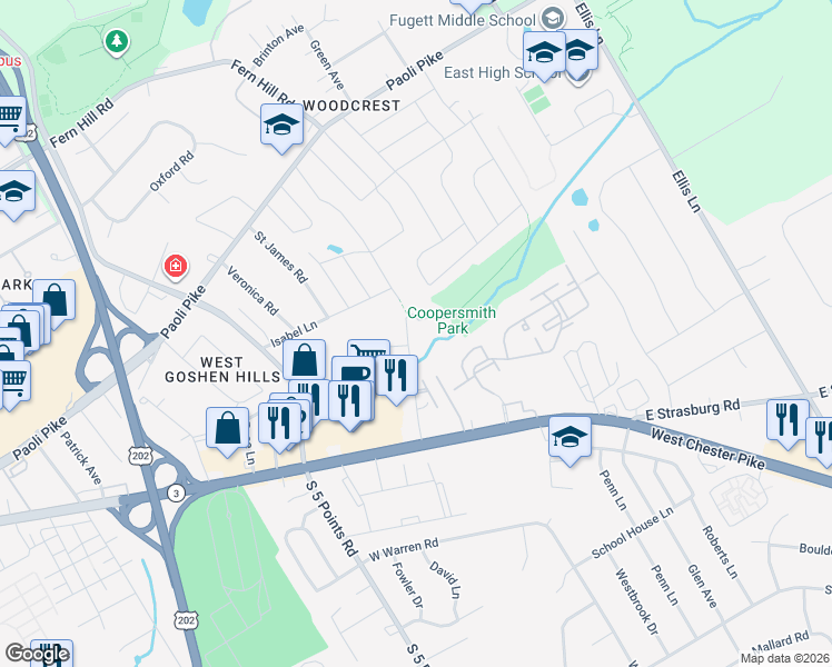 map of restaurants, bars, coffee shops, grocery stores, and more near 218 Spring Lane in West Chester
