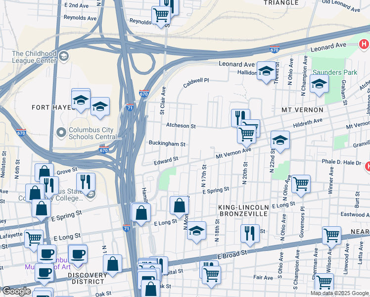 map of restaurants, bars, coffee shops, grocery stores, and more near 339 North Monroe Avenue in Columbus