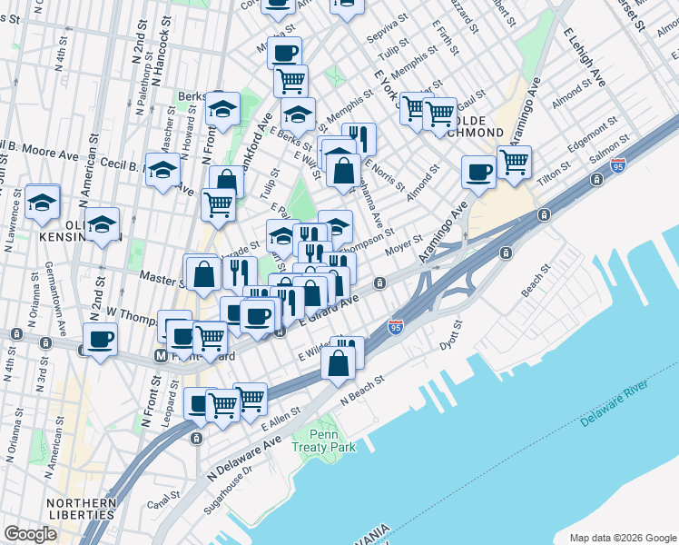 map of restaurants, bars, coffee shops, grocery stores, and more near in Philadelphia