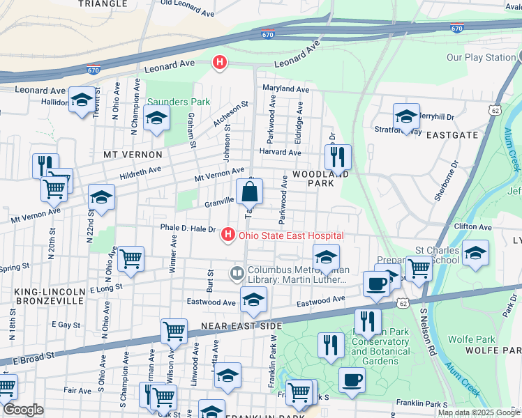 map of restaurants, bars, coffee shops, grocery stores, and more near 1545 Richmond Ave in Columbus