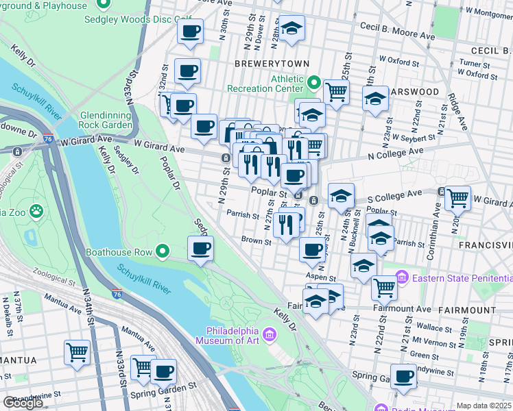 map of restaurants, bars, coffee shops, grocery stores, and more near 876 Pennock Street in Philadelphia