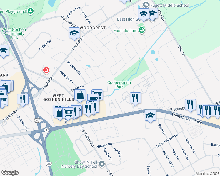 map of restaurants, bars, coffee shops, grocery stores, and more near 210 Spring Lane in West Chester