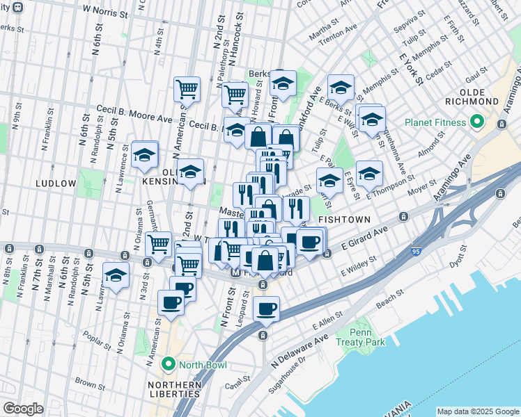 map of restaurants, bars, coffee shops, grocery stores, and more near 1405 North Front Street in Philadelphia