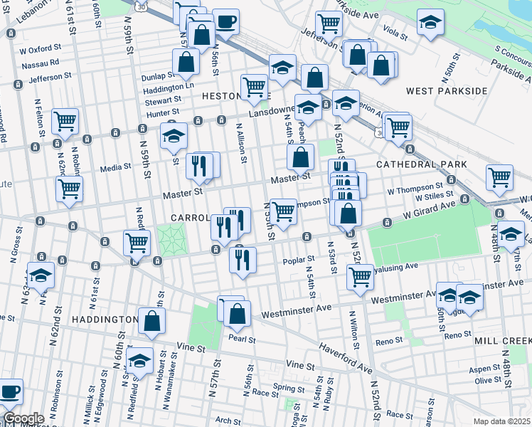 map of restaurants, bars, coffee shops, grocery stores, and more near 5500 West Thompson Street in Philadelphia