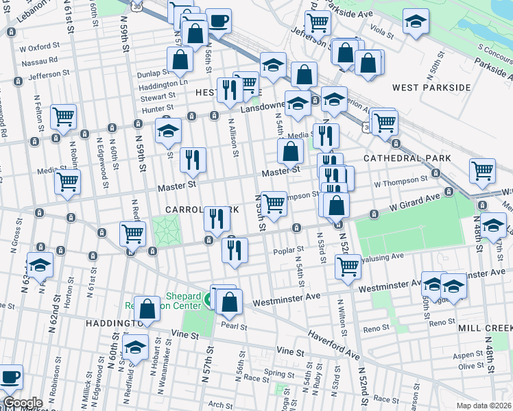 map of restaurants, bars, coffee shops, grocery stores, and more near 5502 West Thompson Street in Philadelphia