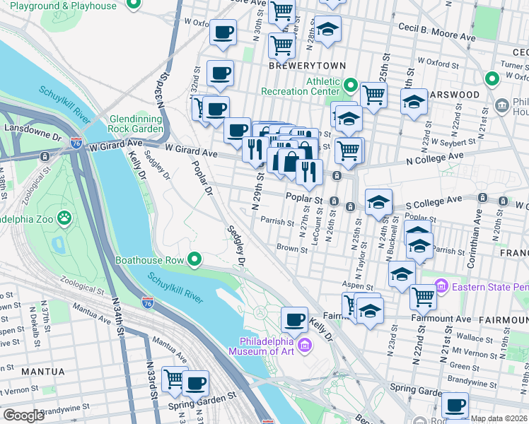 map of restaurants, bars, coffee shops, grocery stores, and more near 842 North 28th Street in Philadelphia