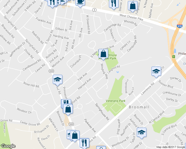 map of restaurants, bars, coffee shops, grocery stores, and more near 310 Harvard Avenue in Broomall