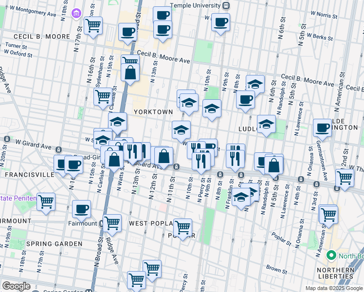 map of restaurants, bars, coffee shops, grocery stores, and more near 1012 West Thompson Street in Philadelphia