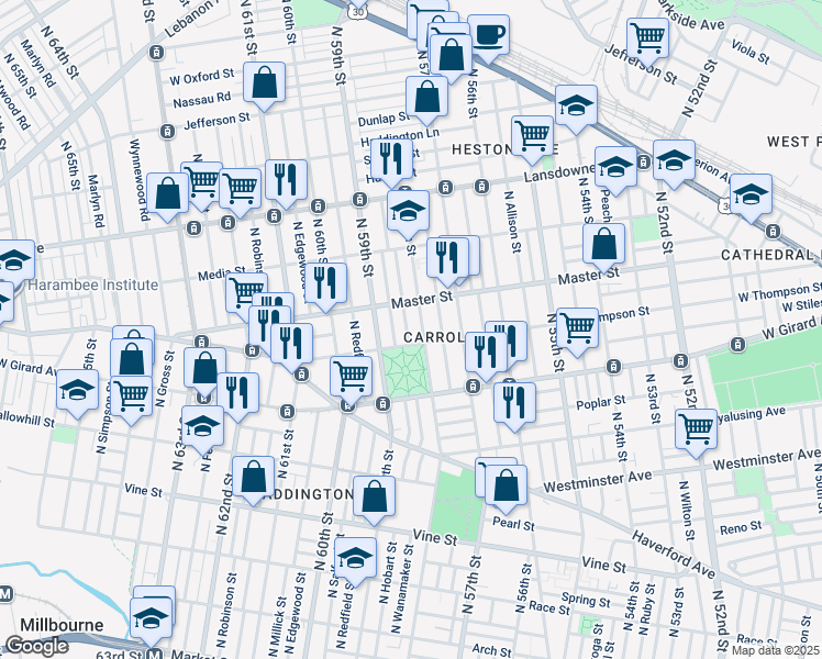 map of restaurants, bars, coffee shops, grocery stores, and more near 1317 North Wanamaker Street in Philadelphia