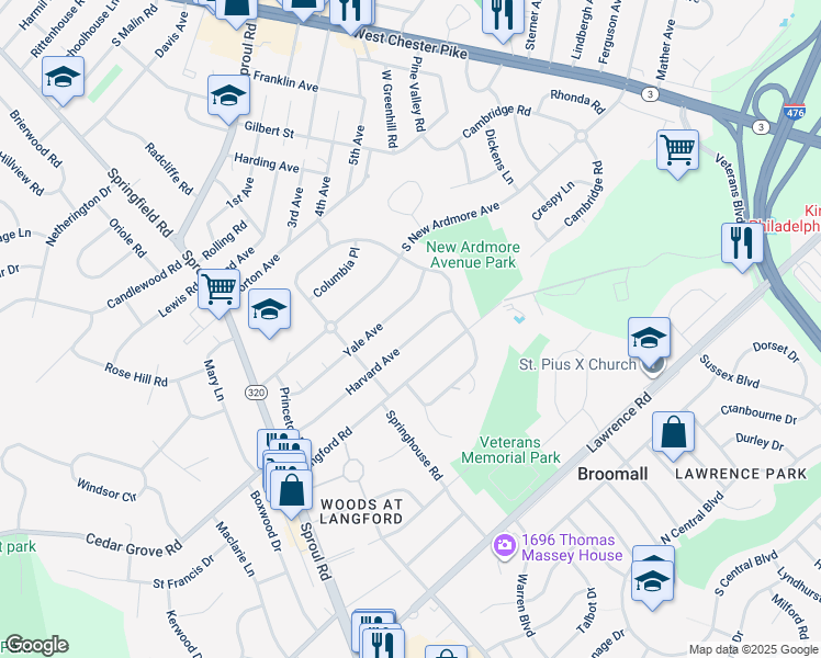 map of restaurants, bars, coffee shops, grocery stores, and more near 310 Harvard Avenue in Broomall