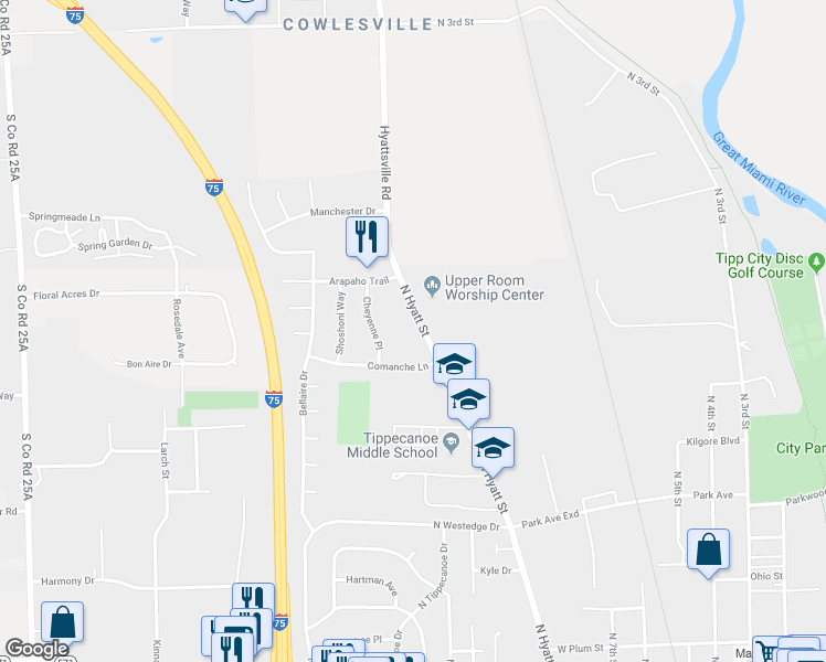 map of restaurants, bars, coffee shops, grocery stores, and more near 635 North Hyatt Street in Tipp City