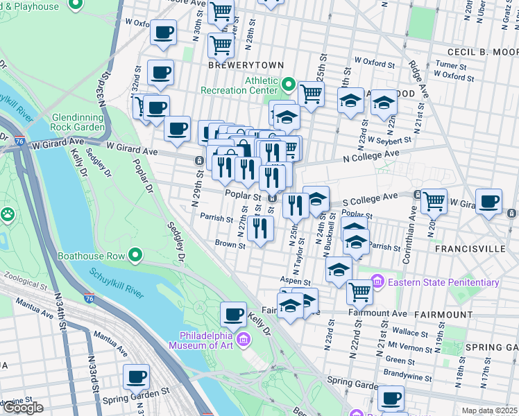 map of restaurants, bars, coffee shops, grocery stores, and more near 875 North Taney Street in Philadelphia