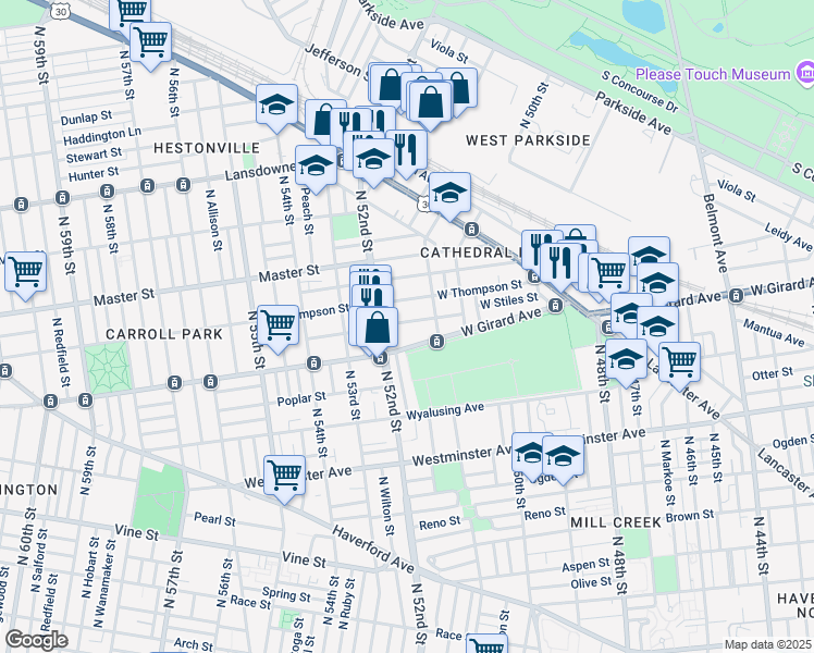 map of restaurants, bars, coffee shops, grocery stores, and more near 5140 West Stiles Street in Philadelphia