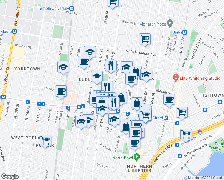 map of restaurants, bars, coffee shops, grocery stores, and more near 1320 North Lawrence Street in Philadelphia