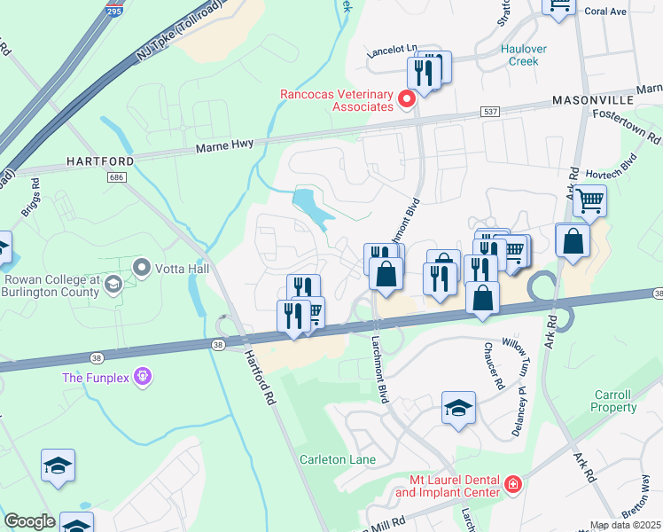 map of restaurants, bars, coffee shops, grocery stores, and more near 901 Bradley Court in Mount Laurel Township