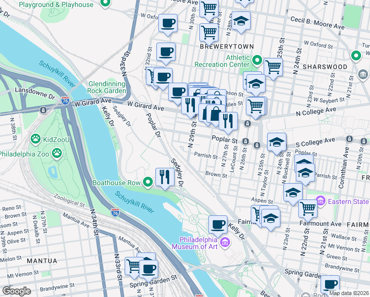 map of restaurants, bars, coffee shops, grocery stores, and more near 2919 Pennsylvania Avenue in Philadelphia