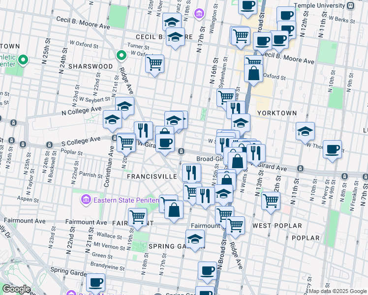 map of restaurants, bars, coffee shops, grocery stores, and more near 1641 West Girard Avenue in Philadelphia