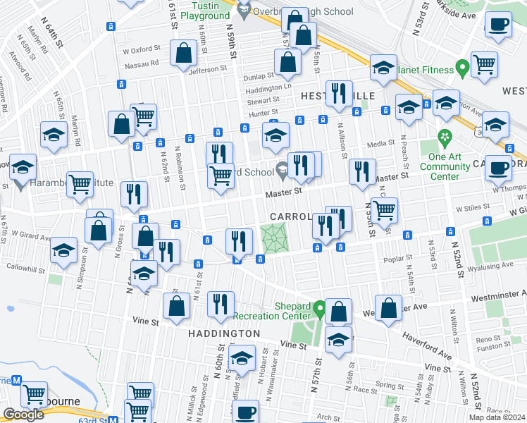 map of restaurants, bars, coffee shops, grocery stores, and more near 1322 North Hobart Street in Philadelphia