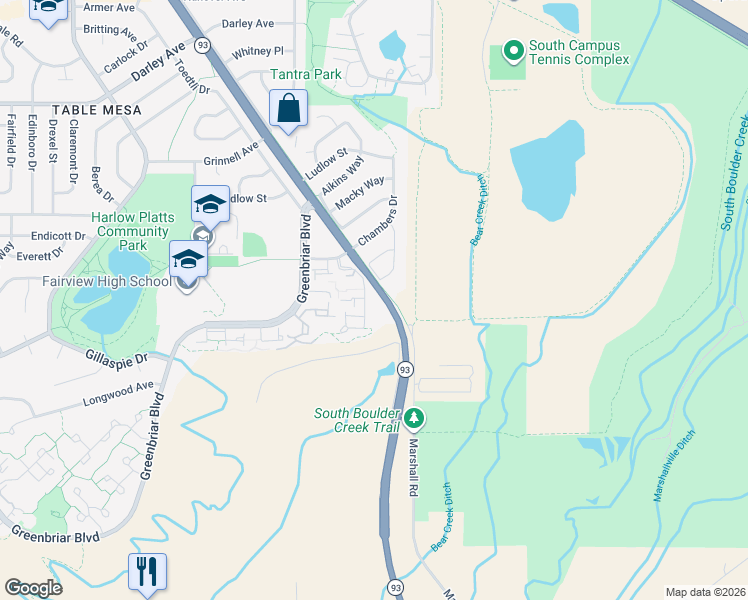 map of restaurants, bars, coffee shops, grocery stores, and more near 1590 Bradley Drive in Boulder