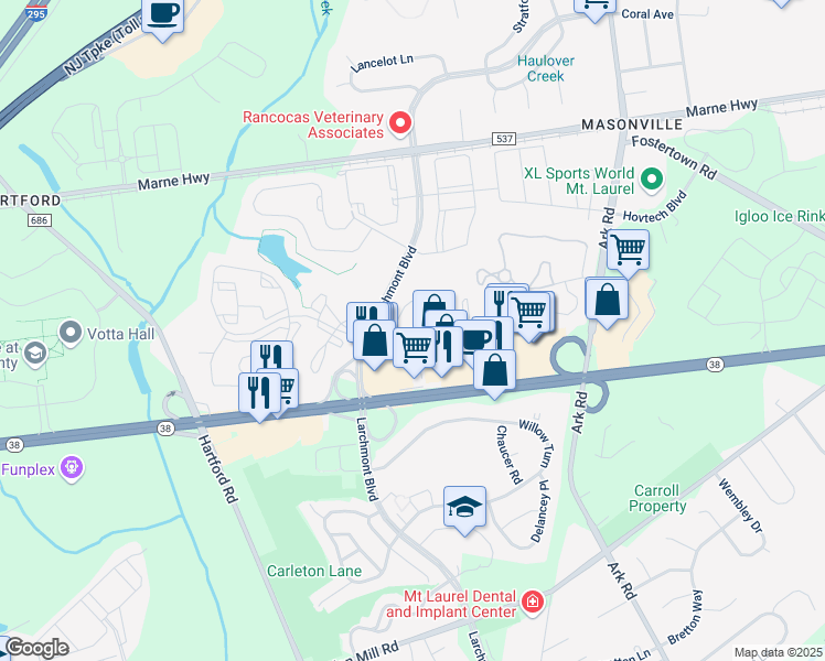 map of restaurants, bars, coffee shops, grocery stores, and more near 2404B Sedgefield Drive in Mount Laurel Township