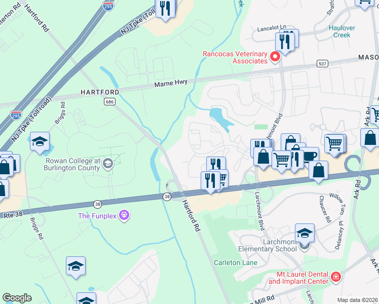map of restaurants, bars, coffee shops, grocery stores, and more near 4108B Chadbury Road in Mount Laurel