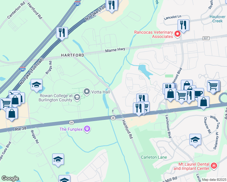 map of restaurants, bars, coffee shops, grocery stores, and more near 4204B Aberdeen Drive in Mount Laurel Township