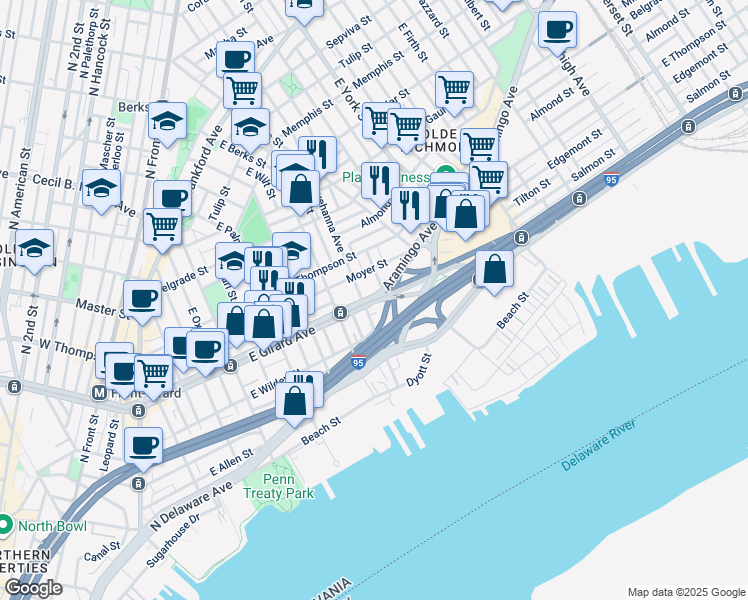 map of restaurants, bars, coffee shops, grocery stores, and more near 802 East Girard Avenue in Philadelphia