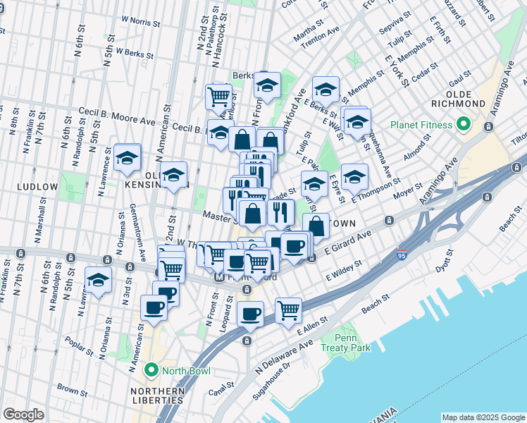 map of restaurants, bars, coffee shops, grocery stores, and more near 1348 Marlborough Street in Philadelphia