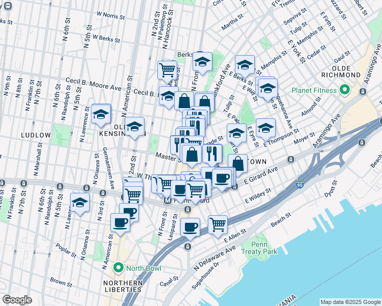 map of restaurants, bars, coffee shops, grocery stores, and more near 1348 Marlborough Street in Philadelphia