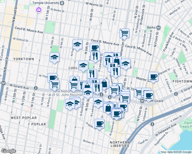map of restaurants, bars, coffee shops, grocery stores, and more near 1320 North Lawrence Street in Philadelphia