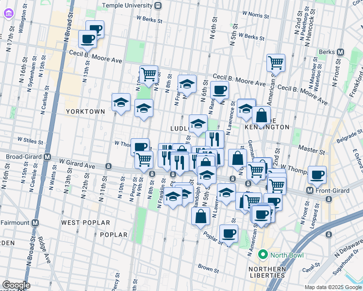 map of restaurants, bars, coffee shops, grocery stores, and more near 1311 North Marshall Street in Philadelphia