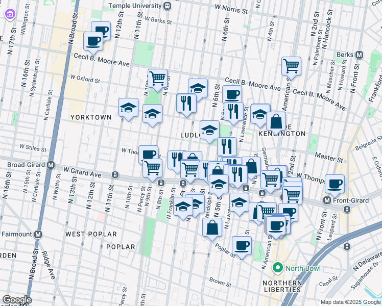map of restaurants, bars, coffee shops, grocery stores, and more near 1311 North Marshall Street in Philadelphia