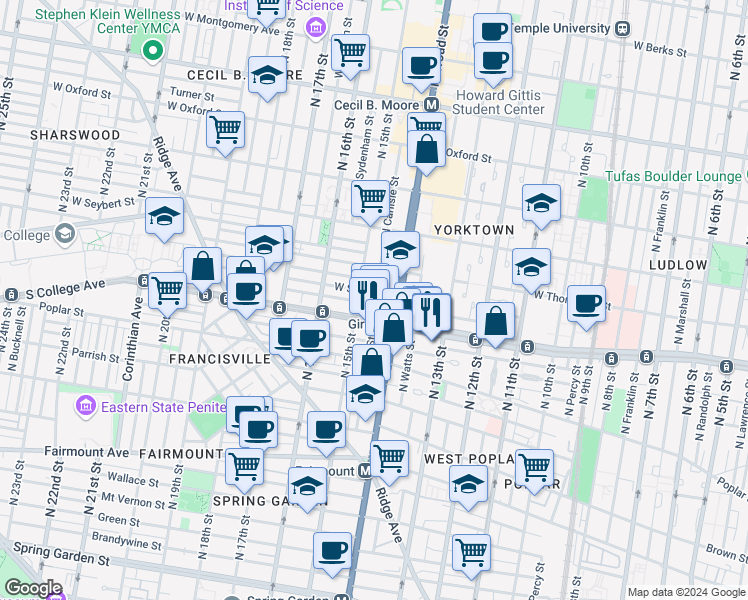 map of restaurants, bars, coffee shops, grocery stores, and more near 1403 West Flora Street in Philadelphia