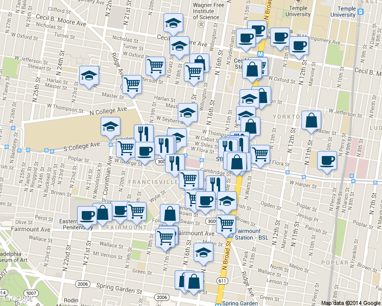 map of restaurants, bars, coffee shops, grocery stores, and more near 1617 West Girard Avenue in Philadelphia