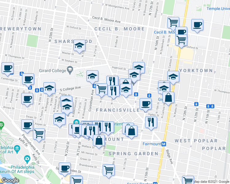 map of restaurants, bars, coffee shops, grocery stores, and more near in Philadelphia