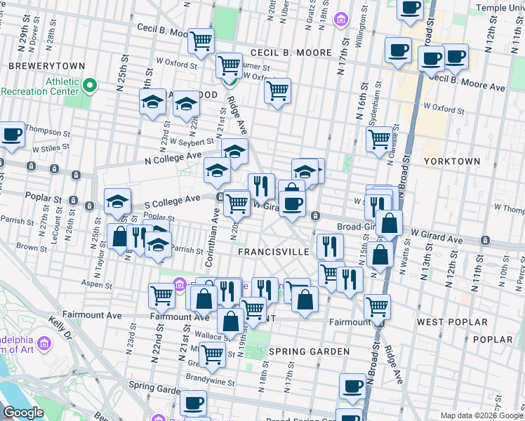 map of restaurants, bars, coffee shops, grocery stores, and more near in Philadelphia