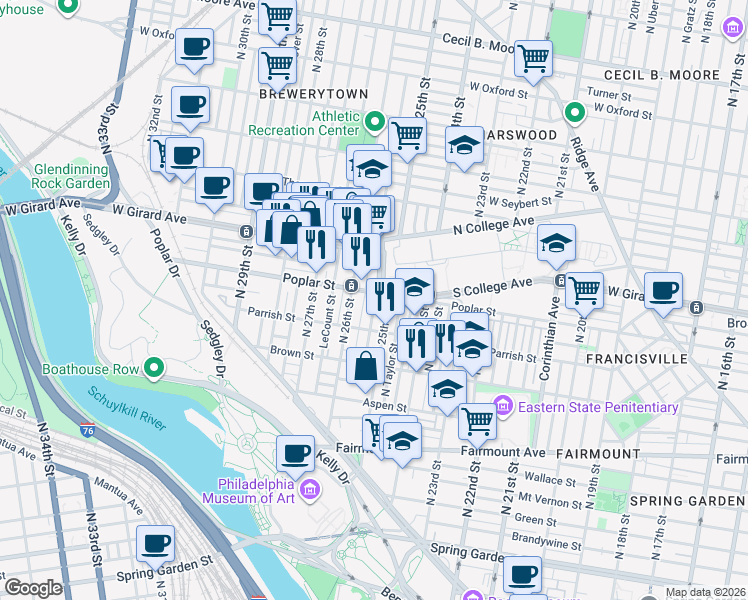 map of restaurants, bars, coffee shops, grocery stores, and more near 851 North Bambrey Street in Philadelphia