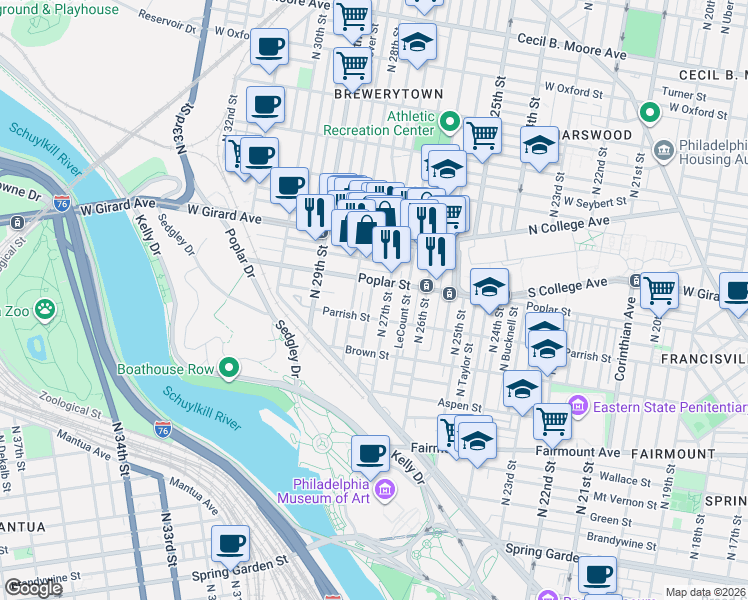 map of restaurants, bars, coffee shops, grocery stores, and more near 863 Pennock Street in Philadelphia