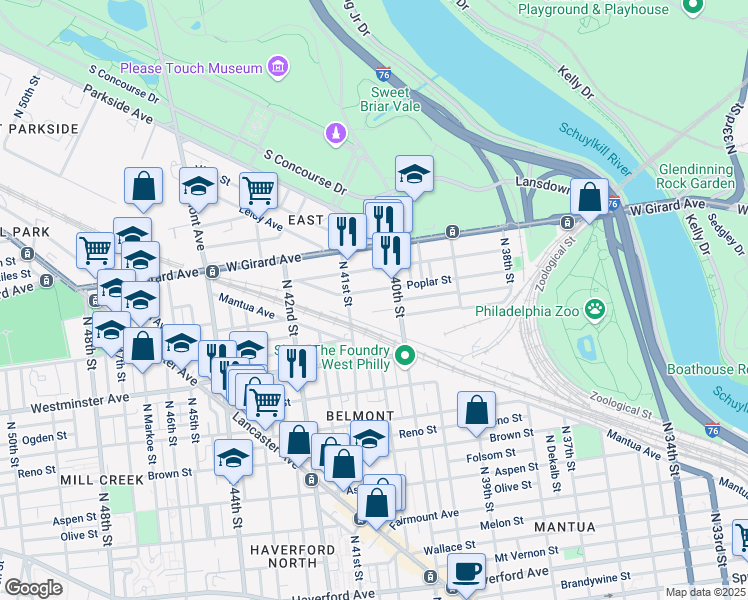 map of restaurants, bars, coffee shops, grocery stores, and more near 4039 Wyalusing Avenue in Philadelphia