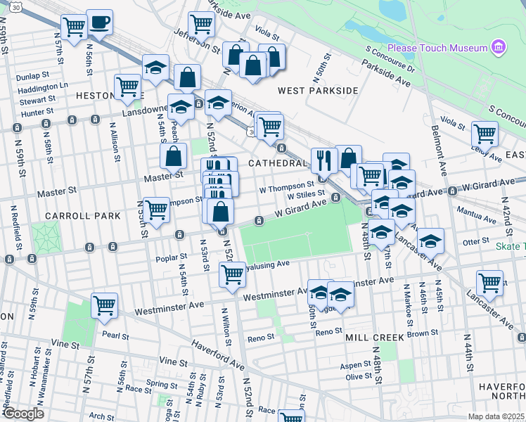 map of restaurants, bars, coffee shops, grocery stores, and more near 1211 North 51st Street in Philadelphia
