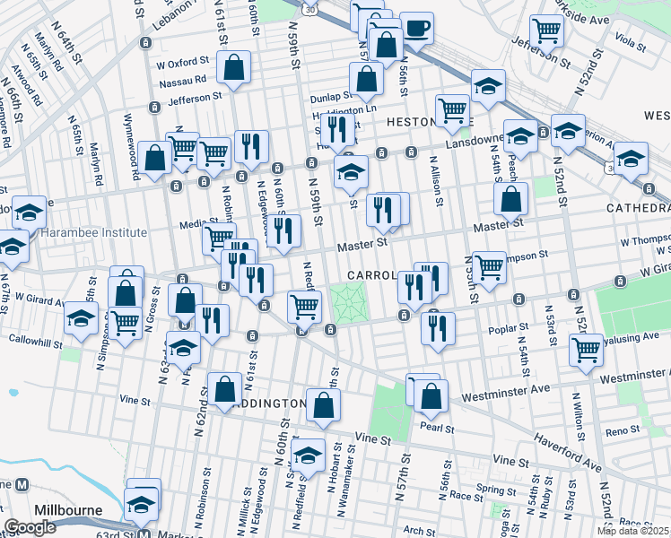 map of restaurants, bars, coffee shops, grocery stores, and more near 1322 North Hobart Street in Philadelphia