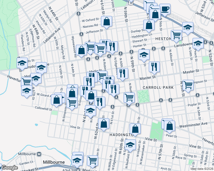 map of restaurants, bars, coffee shops, grocery stores, and more near 1331 North Robinson Street in Philadelphia